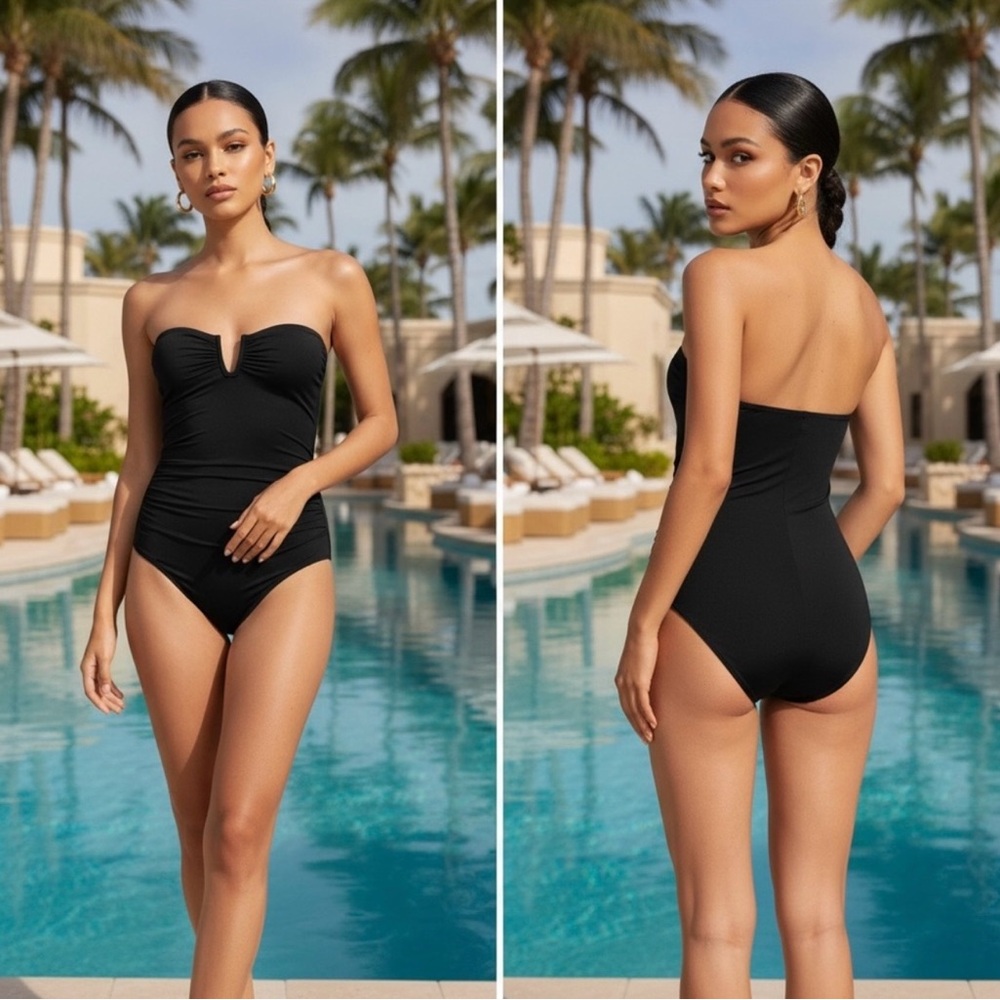 Lands end u wire Bandeau Black One-Piece Swimsuit